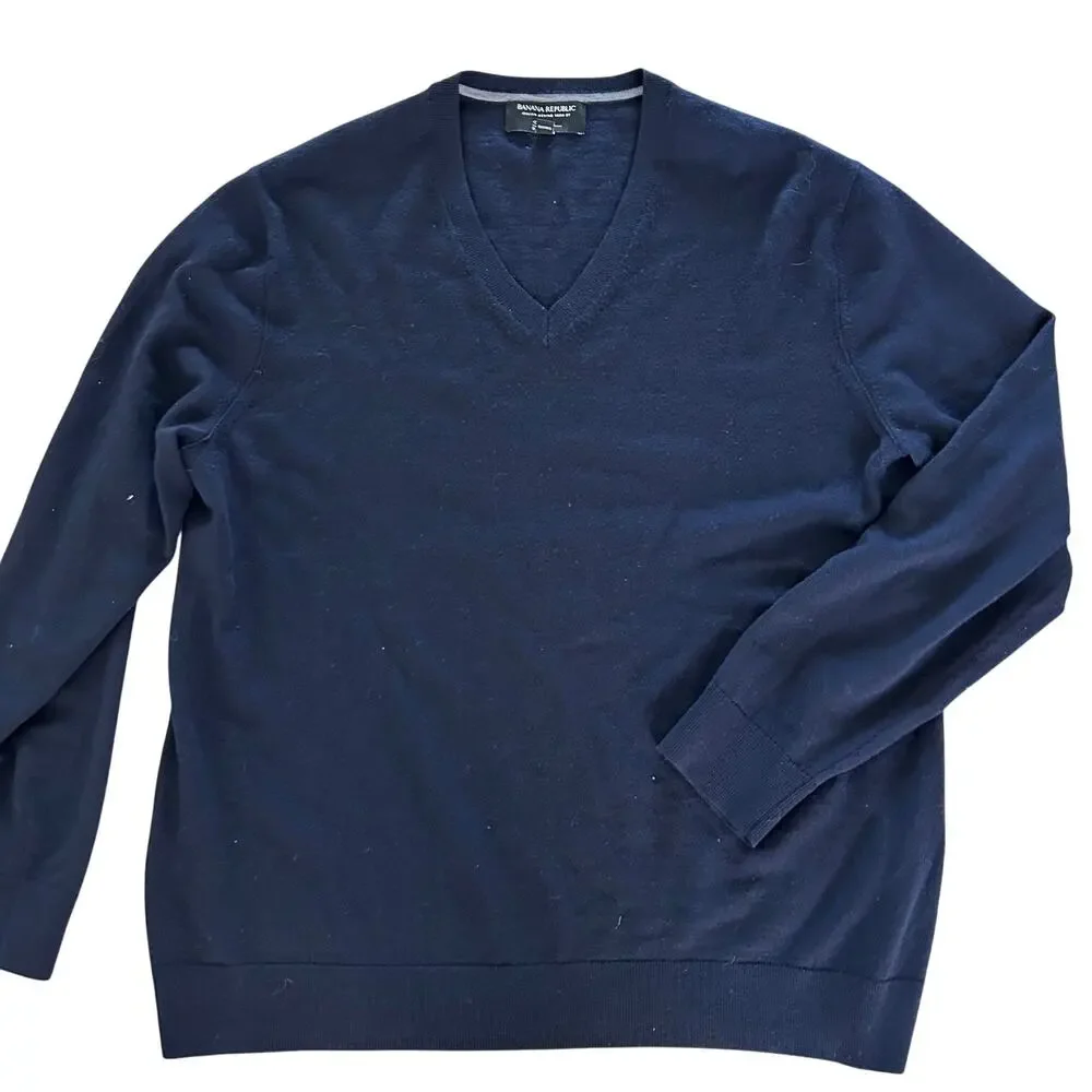 Banana Republic Italian Merino Wool Sweater Mens XL Navy V Neck Knit Pullover